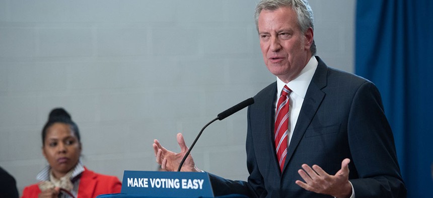 New York City Mayor Bill de Blasio at a rally to urge the Board of Elections to implement a robust early voting plan in April. 