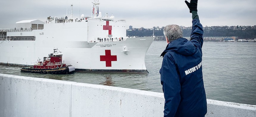 NYC Mayor Bill de Blasio welcoming the USNS Comfort to New York City.