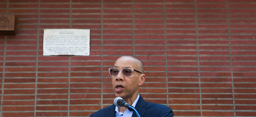 Queens Library president and CEO Dennis Walcott speaks during the groundbreaking ceremony for renovations of the Steinway Public Library. 