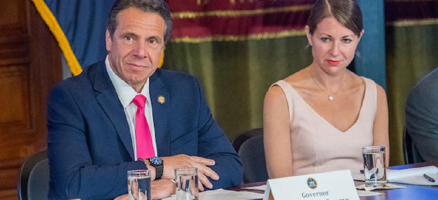 Secretary to the Governor Melissa DeRosa and Governor Cuomo at a 2019 press conference in the Capitol.