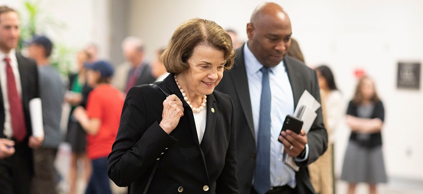 US Sen. Dianne Feinstein walking in the Senate Subway on Capitol Hill.