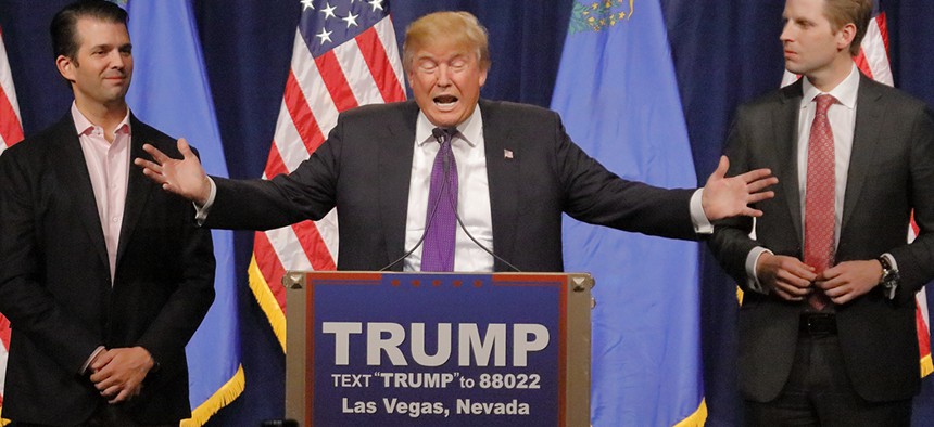 Donald Trump, flanked by sons Eric (right) and Donald Jr. (left) during a campaign stop in Las Vegas, Nevada in 2016.