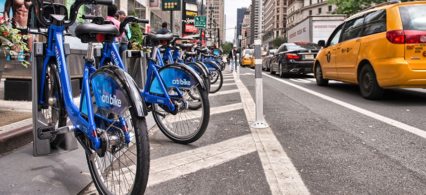 A row of Citi Bikes stationed in New York City.