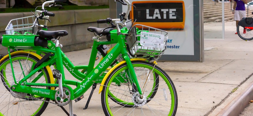 Lime e-bikes outside of the Empire Outlets mall in Staten Island.