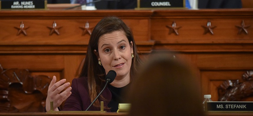 Rep. Elise Stefanik questioning former White House national security aide Fiona Hill and David Holmes, a U.S. diplomat in Ukraine, as they testify before the House Intelligence Committee on Nov. 21, during the House's public impeachment hearings regarding
