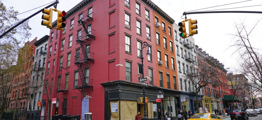 An empty storefront on a street corner in Manhattan's Greenwich Village