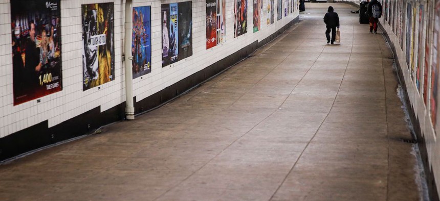 An empty subway underground passage on Monday. Many New Yorkers can make the choice to stay home, homeless New Yorkers cannot.