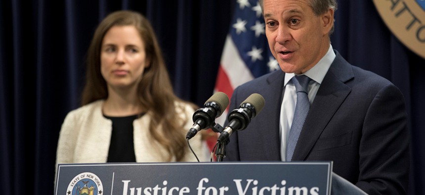 Then-Attorney General Eric Schneiderman files a civil rights lawsuit against the Weinstein Company in February.