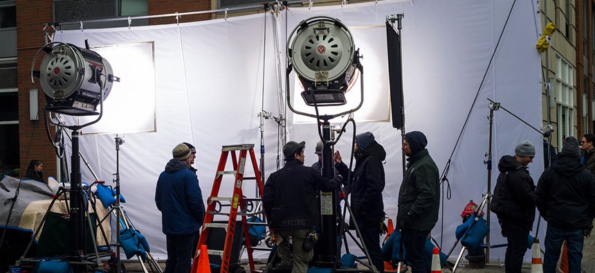 A film crew in Manhattan's Chelsea neighborhood.