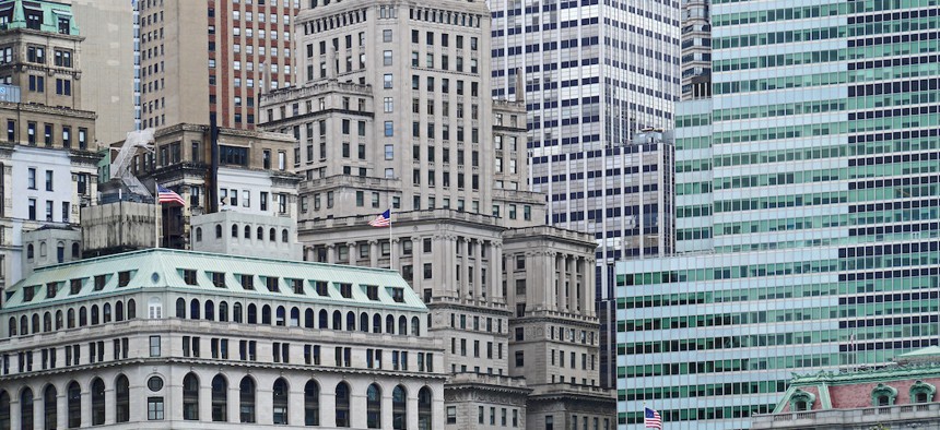 Buildings overlooking Battery Park in the Financial District of Manhattan.