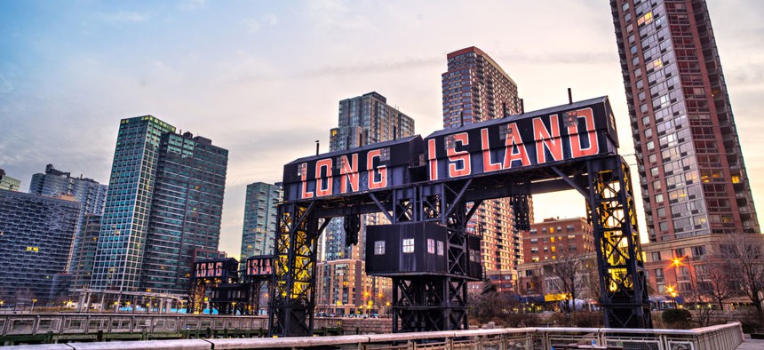 The historic steel railroad gantries at Hunters Point in Long Island City, Queens. 