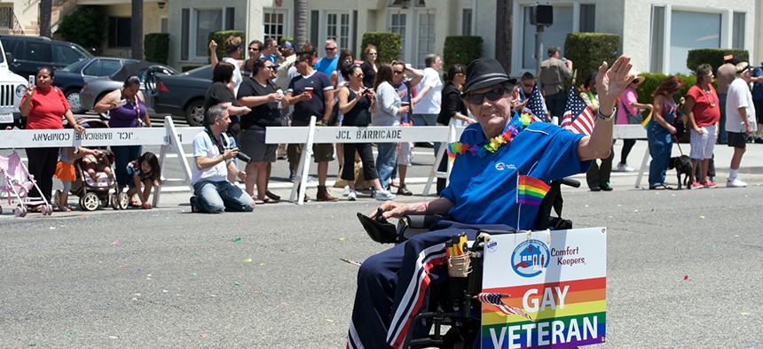 A veteran in a wheelchair during the 2012 Long Beach Lesbian and Gay Pride Parade.