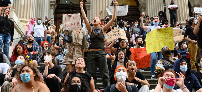 Protesters at City Hall on May 28th demonstrating against the murder of George Floyd by Minneapolis police officers.