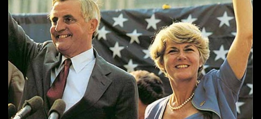 Vice-presidential candidate Geraldine Ferraro [right] with presidential candidate Walter Mondale at a political rally in 1984.