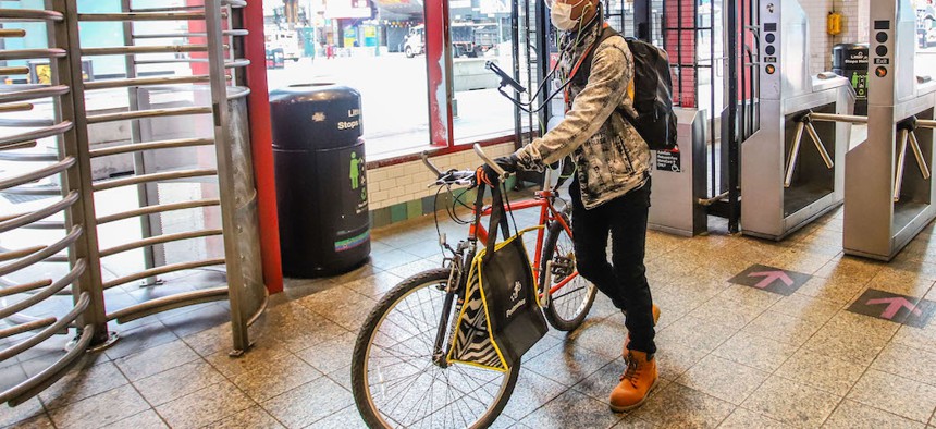 A food delivery worker seen on the subway during the coronavirus outbreak on March 25th.