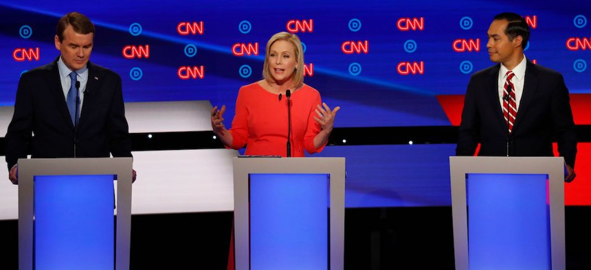 U.S. Sens. Michael Bennet, Sen. Kirsten Gillibrand and former Housing and Urban Development Secretary Julian Castro during the second round of Democratic presidential primary debates.