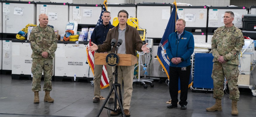 Cuomo announcing delivery of supplies at the Javits Center on Monday.