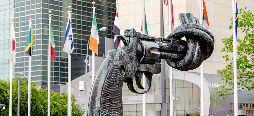 The non-violence sculpture at the U.N. headquarters in New York City.