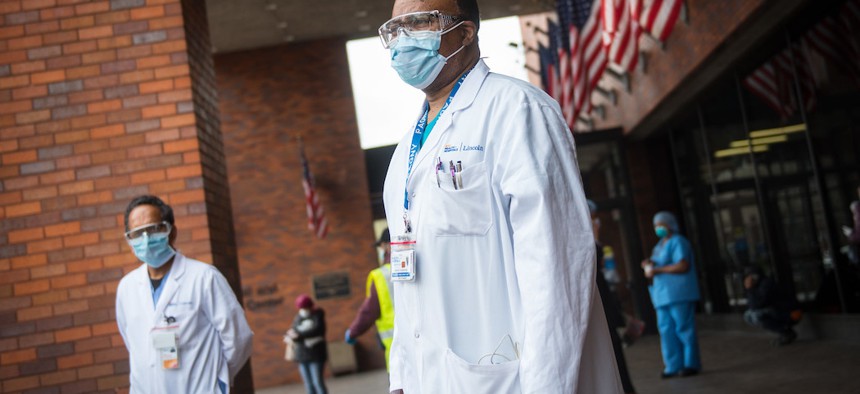 Healthcare workers outside of NYC Health + Hospitals/Lincoln in the bronx on April 8th.