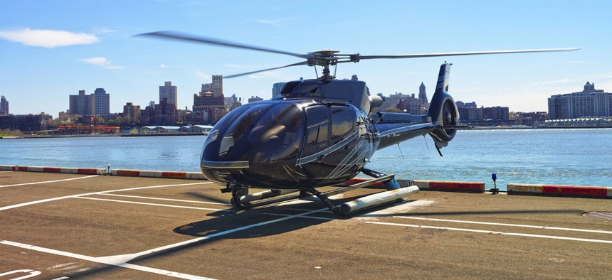 A helicopter on the Pier 6 helipad in Lower Manhattan.