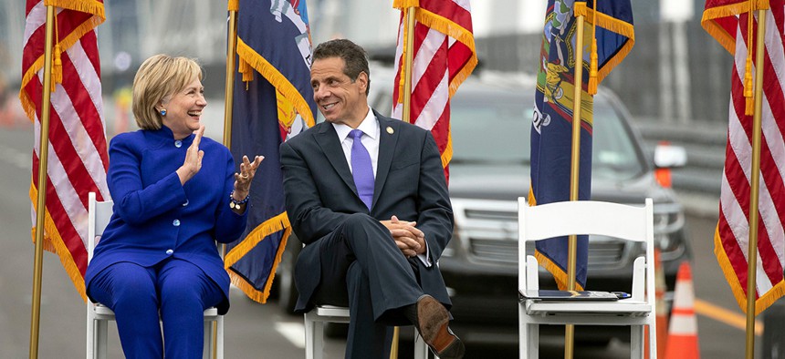 Hillary Clinton and Governor Andrew Cuomo at the ribbon-cutting of the second span of the Governor Mario M. Cuomo Bridge.
