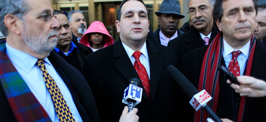 Former state Sen. Hiram Monserrate speaking to reporters outside of a Federal court in Manhattan, in 2010.