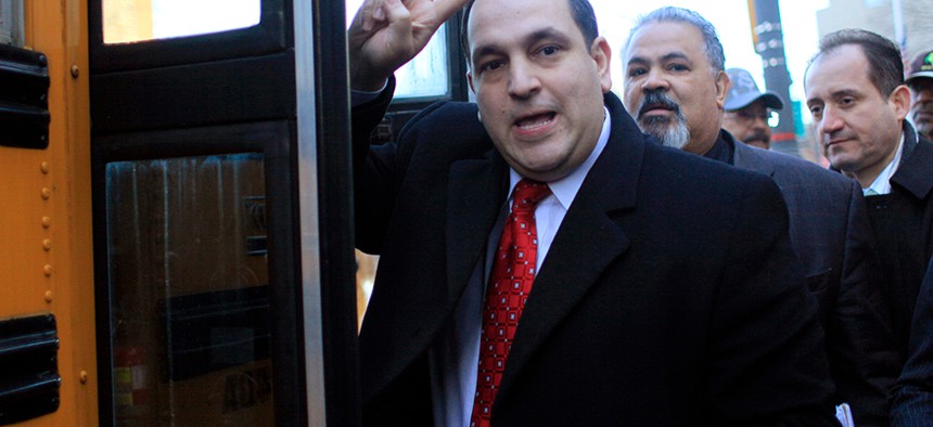 Then state Sen. Hiram Monserrate leaving Manhattan Federal Court in February of 2010.