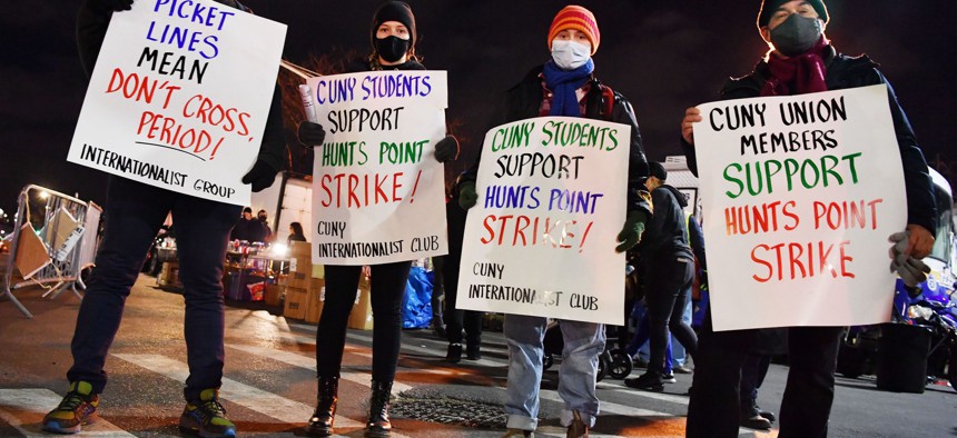 Supporters of the strikers at the Hunts Point Produce Market in Queens on January 22.