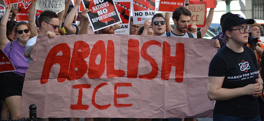 A protest march calling on the government to abolish ICE in New York City, 2018.