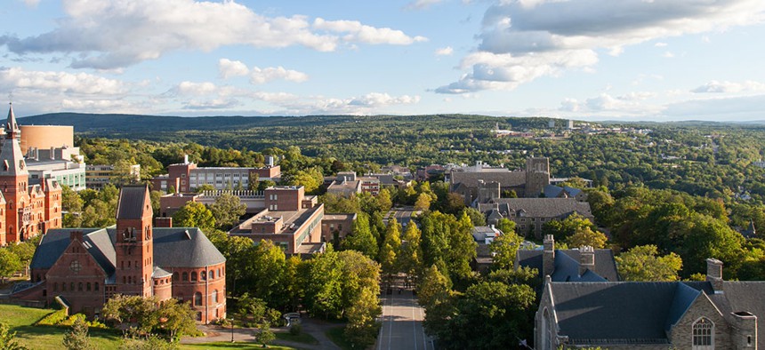 An overlook of Cornell University Campus from the Uris Library in Ithaca, New York.