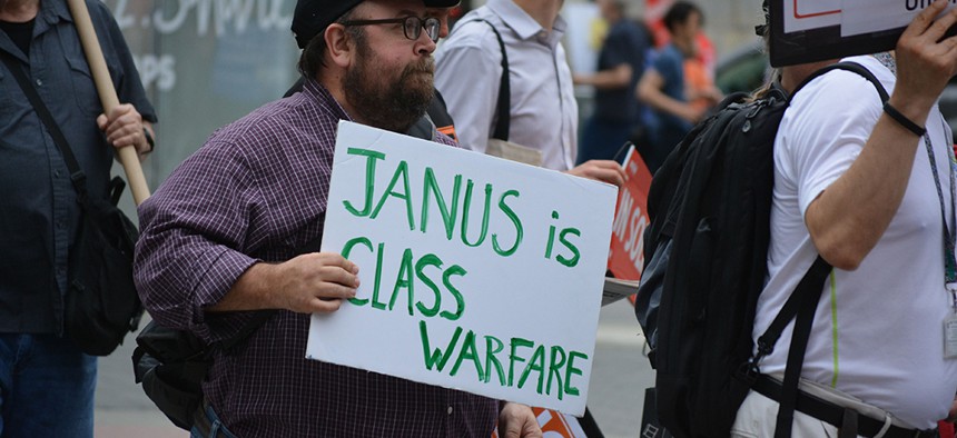 Pro-union protesters rally in lower Manhattan against the U.S. Supreme Court’s Janus v. AFSCME ruling in June.