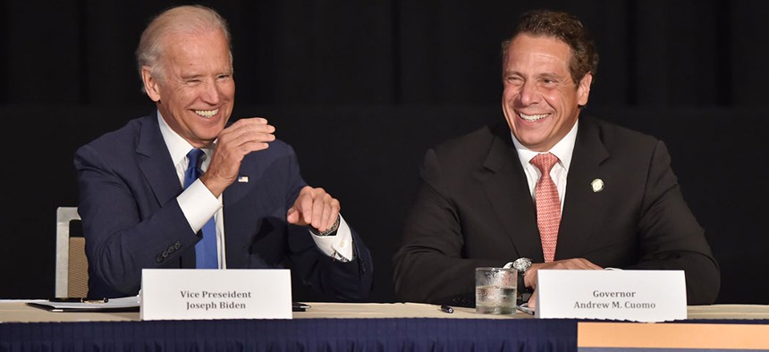 Gov. Andrew Cuomo and Vice President Joe Biden, announcing changes to La Guardia Airport's infrastructure in 2015.