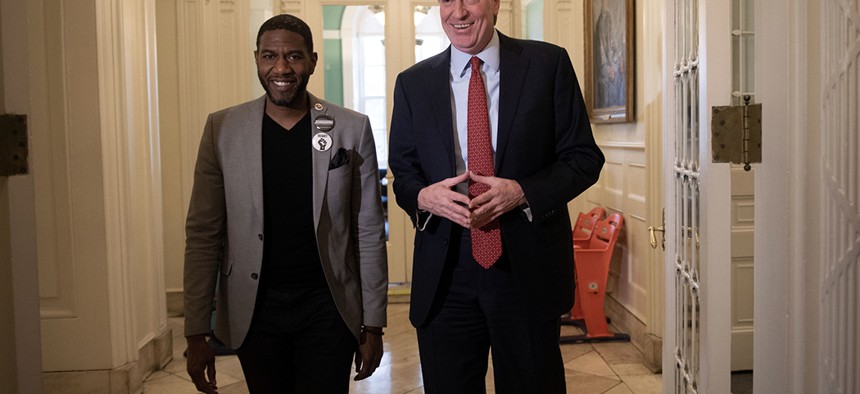 Public advocate-elect Jumaane Williams meets with New York City Mayor Bill de Blasio at City Hall the day after his election victory.