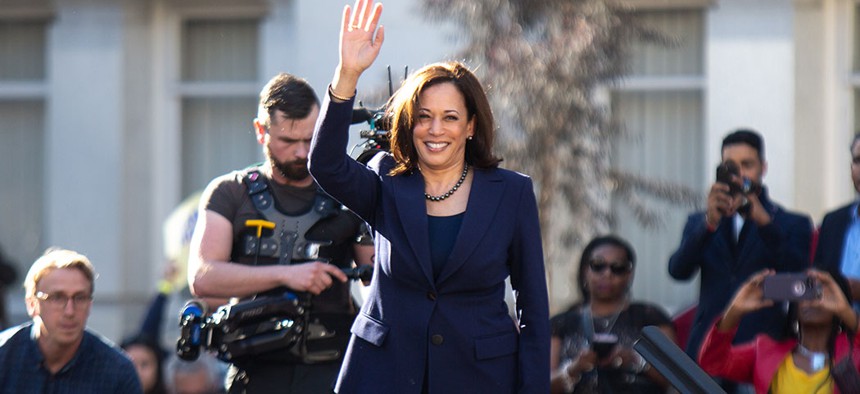 Senator Kamala Harris waves to crowd after announcing her candidacy for president in January, 2019.