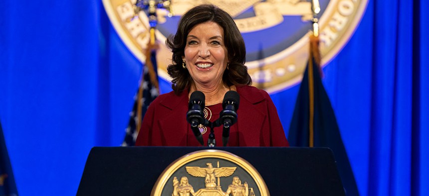 Lieutenant Governor Kathleen Hochul speaking during Governor Andrew Cuomo's inauguration for his third term.