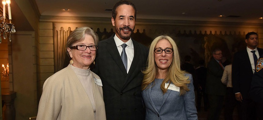 Kathryn S. Wylde, President and CEO, Partnership for New York City, Charles Phillips, Susan Birnbaum, President & CEO, New York City Police Foundation, pose for a photo at New York City Police Foundation's "State of the NYPD" breakfast in 2018.