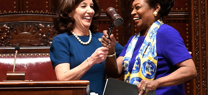 Lt. Gov. Kathy Hochul hands the Senate gavel to new Senate Majority Leader Andrea Stewart-Cousins.