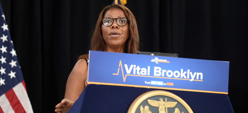 New York City Public Advocate and state Attorney General candidate Letitia James speaks at Gov. Andrew Cuomo's announcement of locations, expanded services and partnerships for Vital Brooklyn's $210 Million, 32-Site Ambulatory Care Network.