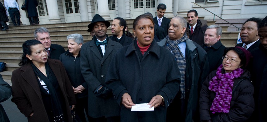Letitia James speaks in front of City Hall