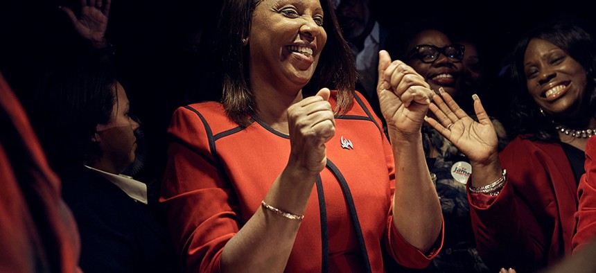 Democratic New York Attorney General-elect Letitia James celebrates her victory during an election night party in the Brooklyn 