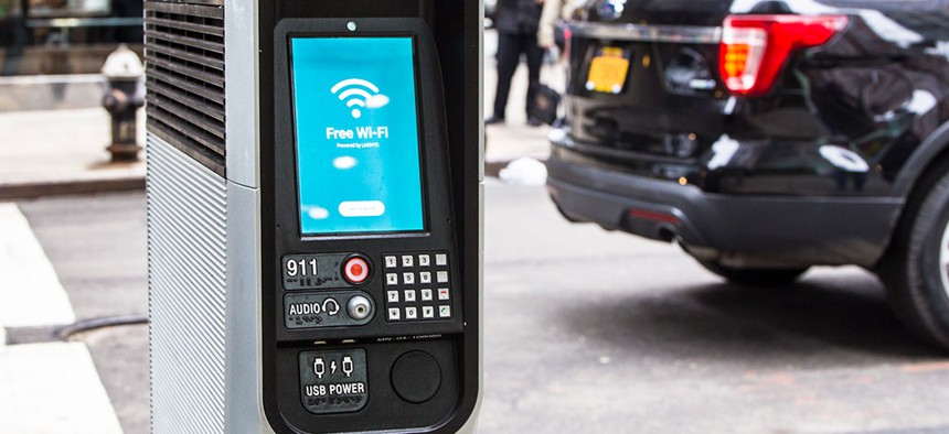 A LinkNYC kiosk located in New York City's Midtown area.