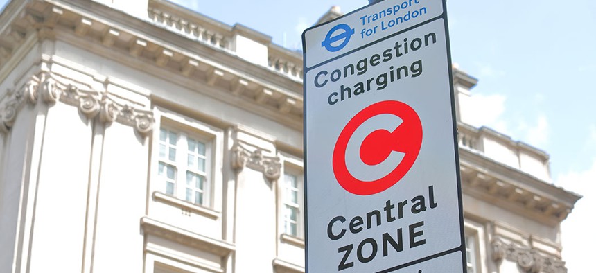 A congestion charge point sign in London. 