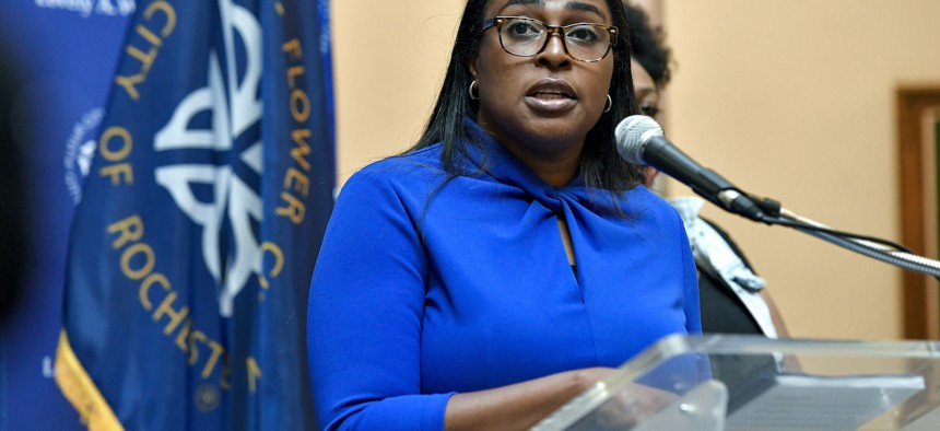 Rochester Mayor Lovely Warren announcing the retirement en masse of Rochester police officers after the handling of the death of Daniel Prude.