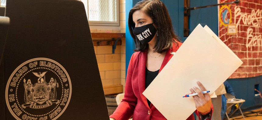 Republican congressional candidate Nicole Malliotakis voting early on October 26th.