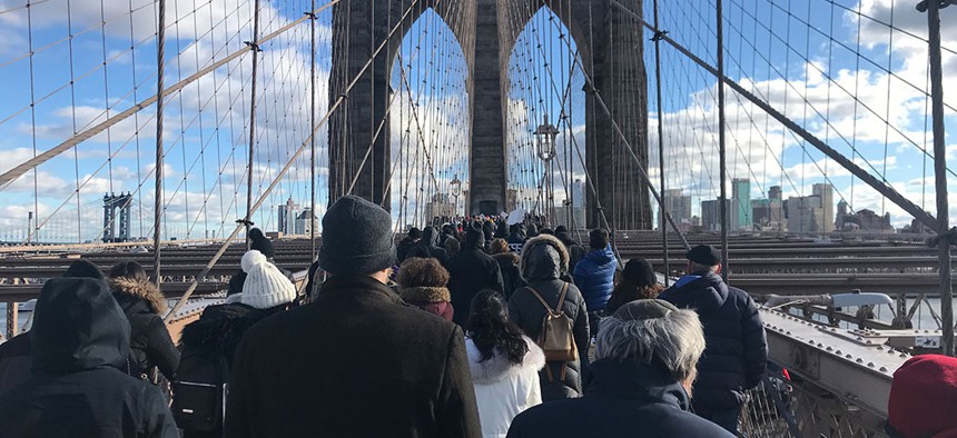 Demonstrators on the Brooklyn Bridge.