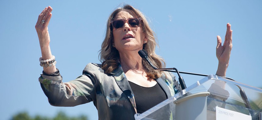 Presidential candidate Marianne Williamson speaks at the Capital City Pride Festival Meet the Candidates forum in Des Moines, Iowa on June 8.