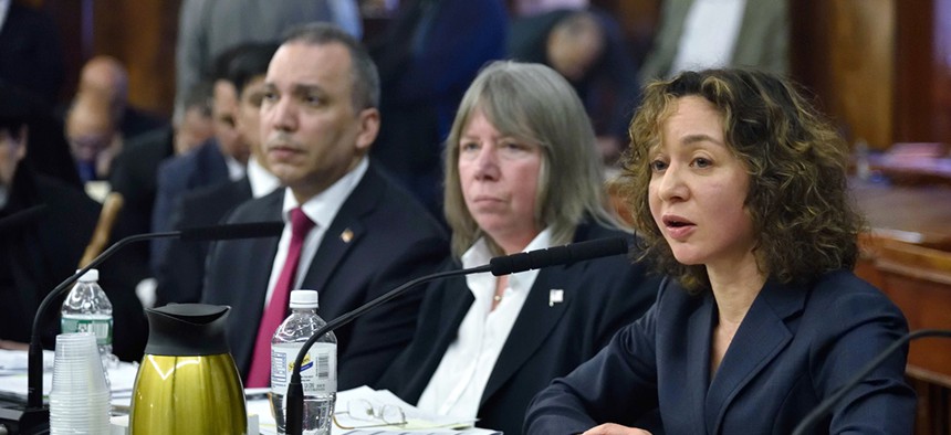 TLC Commissioner Meera Joshi testifies at a NYC Council committee oversight hearing on for-hire vehicles. 