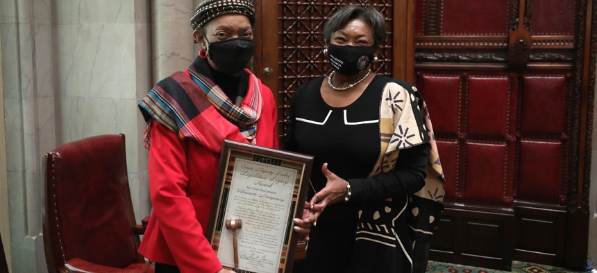 Velmanette Montgomery and Senate Majority Leader Andrew Stewart-Cousins