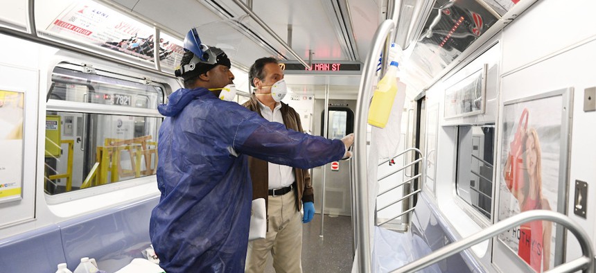 Governor Cuomo watching as subway cars get disinfected for COVID-19 on May 2, 2020.