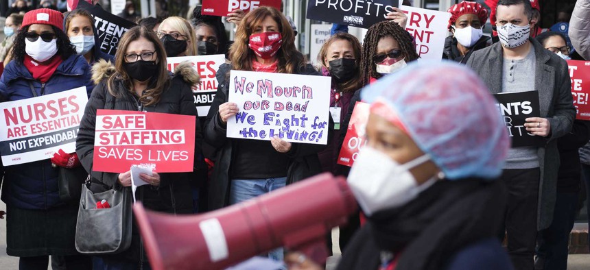 Nurses outside of Montefiore Moses Hospital in the Bronx.